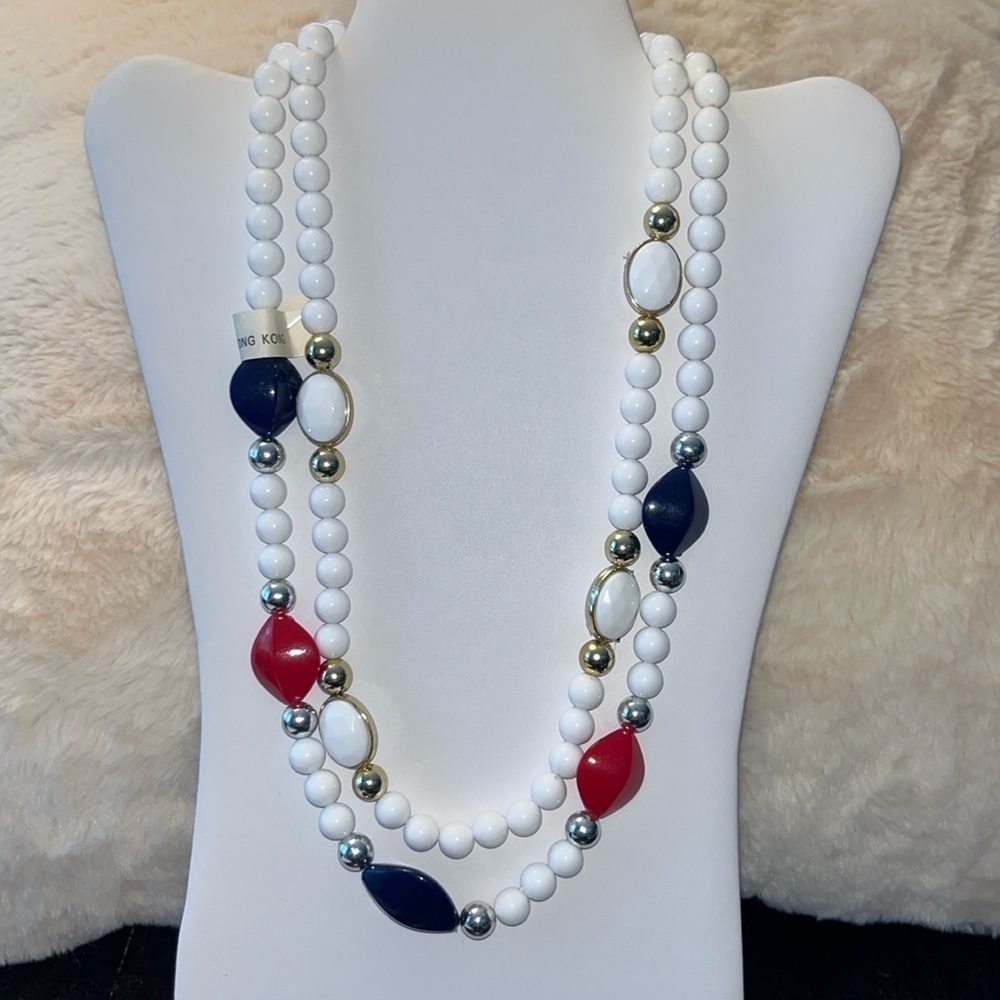 Set of two Vintage beaded necklaces red white blue patriotic USA July 4th lucite